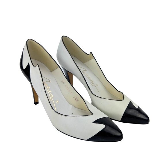 Vintage Kitten Heel Leather Pumps in Black and White - Picture 1 of 5